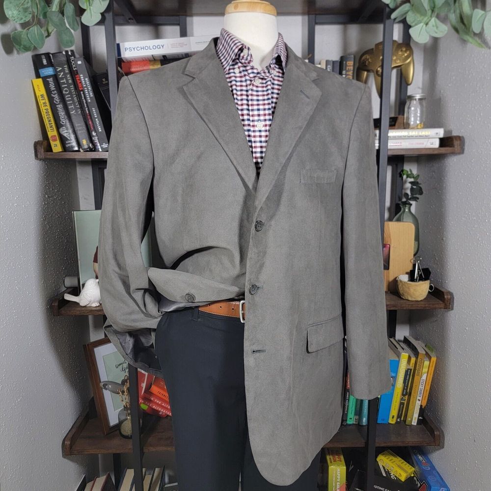Stafford Essentials Men's Sport Coat Blazer Three Button Gray Suede Size 46L‎